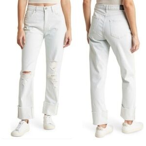 Current/Elliott Light Blue Relaxed Cuffed Distressed Boyfriend Jeans